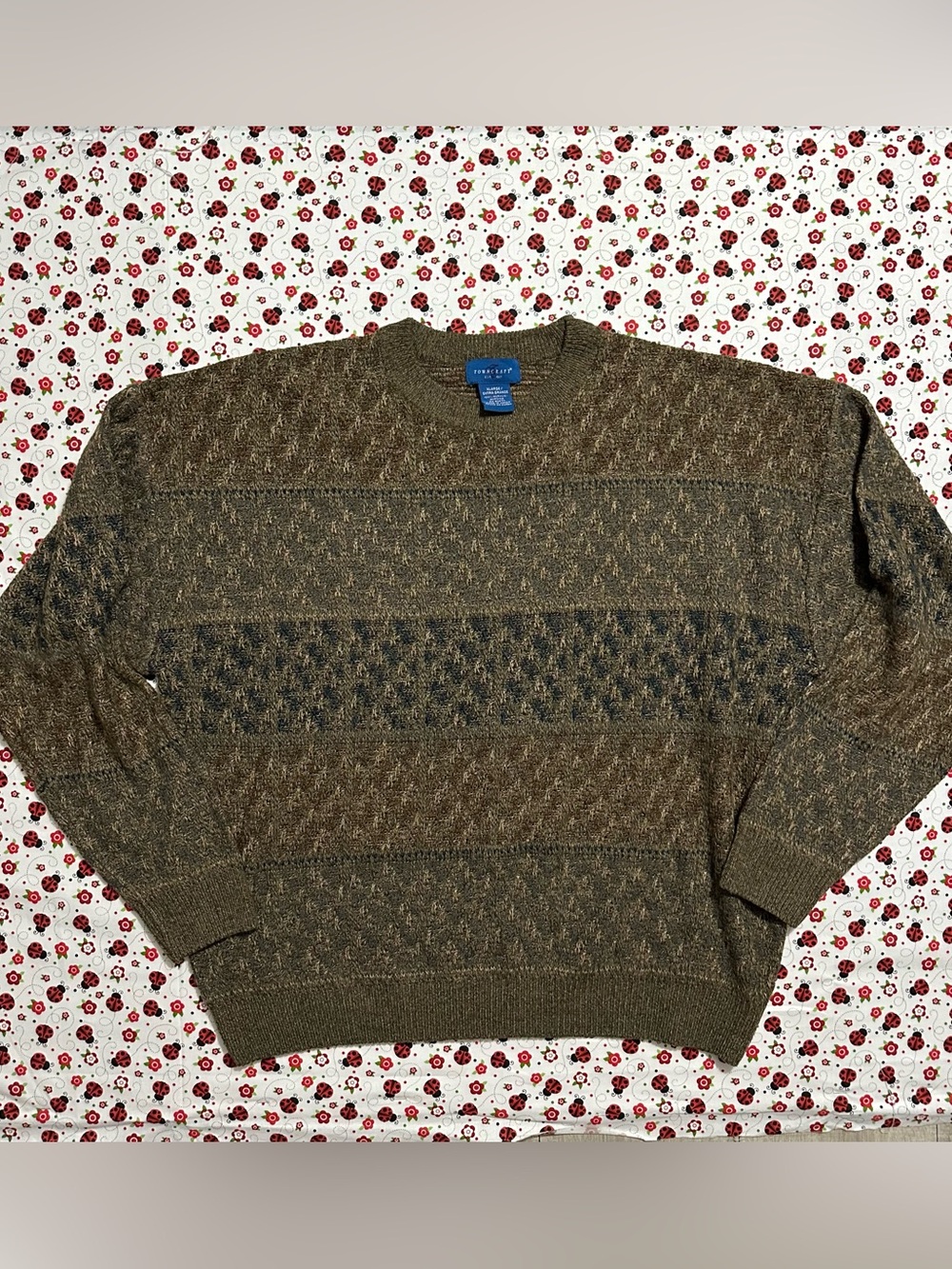Vintage 90s Towncraft Textured Knit Grandpa Sweater Men XL Olive Brown Geometric